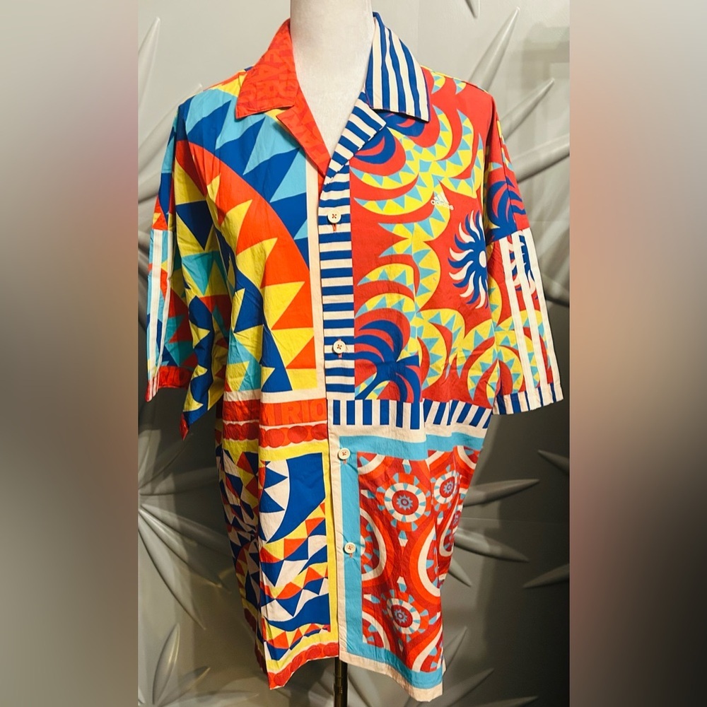 NWT Farm Rio/Adidas collab SZ S/M red/blue/yellow button front collared shirt. - Picture 2 of 10